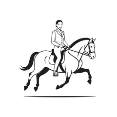 Black and white line art of a beautiful woman with perfect body riding horse elegant minimalist illustration