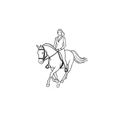 Black and white line art of a beautiful woman with perfect body riding horse elegant minimalist illustration
