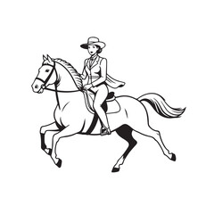 Black and white line art of a beautiful woman with perfect body riding horse elegant minimalist illustration