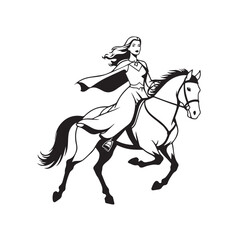 Black and white line art of a beautiful woman with perfect body riding horse elegant minimalist illustration