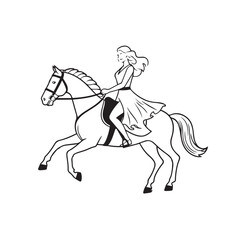 Fototapeta premium Black and white line art of a beautiful woman with perfect body riding horse elegant minimalist illustration
