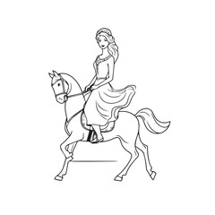 Black and white line art of a beautiful woman with perfect body riding horse elegant minimalist illustration