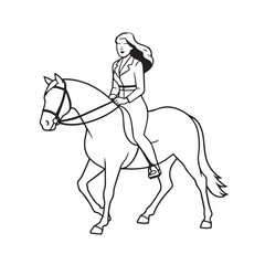 Black and white line art of a beautiful woman with perfect body riding horse elegant minimalist illustration