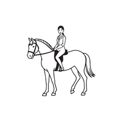 Black and white line art of a beautiful woman with perfect body riding horse elegant minimalist illustration
