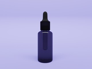 Dark purple glass dropper bottle with a black top. 3D mockup of a cosmetic or medical vial with a pipette, isolated on a lavender background for product branding
