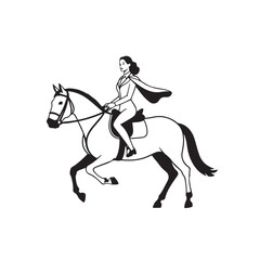 Black and white line art of a beautiful woman with perfect body riding horse elegant minimalist illustration