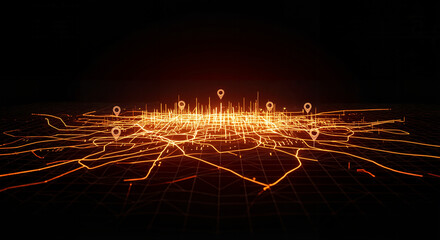 Futuristic Digital City Map with Glowing Orange Roads and Location Markers on Dark Grid Background