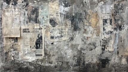 Urban grunge wall texture showing layers of old weathered paper, peeling posters, and decaying concrete surface, creating a distressed background with a historical feeling