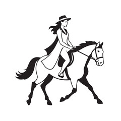 Black and white line art of a beautiful woman with perfect body riding horse elegant minimalist illustration