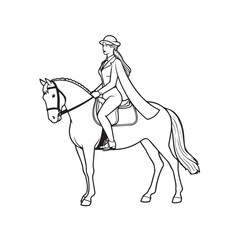 Black and white line art of a beautiful woman with perfect body riding horse elegant minimalist illustration