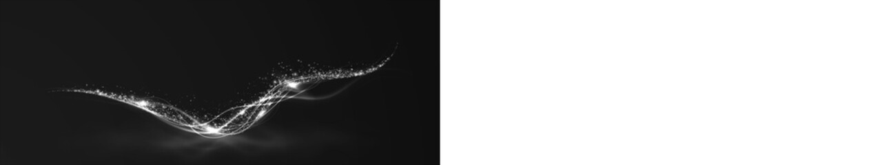 Fototapeta premium Abstract light wave png overlay with shimmering particles on a dark background, creating a dynamic visual effect for design projects and artistic compositions