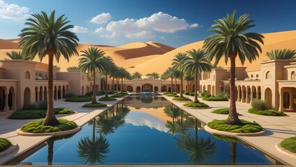 Fototapeta premium ultra detailed 360° panorama of luxury desert oasis resort, palm trees, reflecting pool, golden sand dunes in background