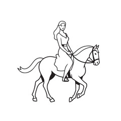 Black and white line art of a beautiful woman with perfect body riding horse elegant minimalist illustration