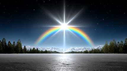 Obraz premium A captivating scene featuring a bright sun and vibrant rainbow over a serene landscape, symbolizing hope and beauty of nature.