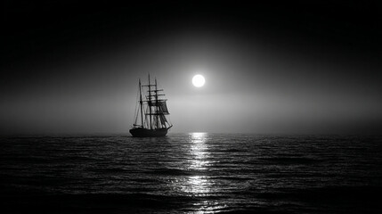 A grayscale image of a sailing ship on the ocean against the sun.