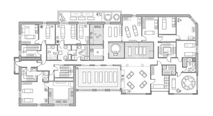 Architectural blueprint of a large, complex floor plan with many rooms and areas