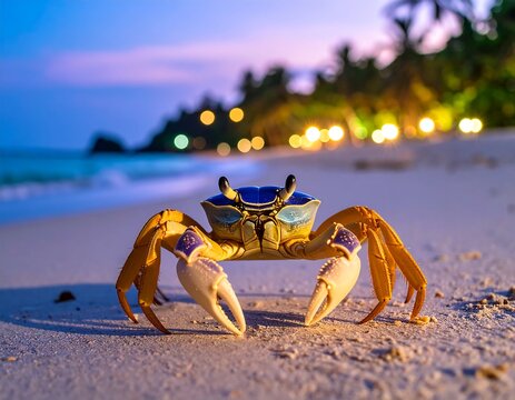 Blue crab on beach at twilight