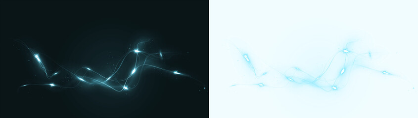 Abstract glowing blue wave overlay on dark and light backgrounds, featuring luminous particles and flowing lines, ideal for creative design projects and digital art applications