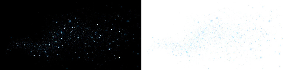 Starry night sky overlay with shimmering blue particles on black background, creating a magical atmosphere for design projects and artistic compositions with copy space
