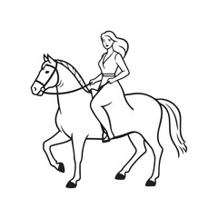 Black and white line art of a beautiful woman with perfect body riding horse elegant minimalist illustration