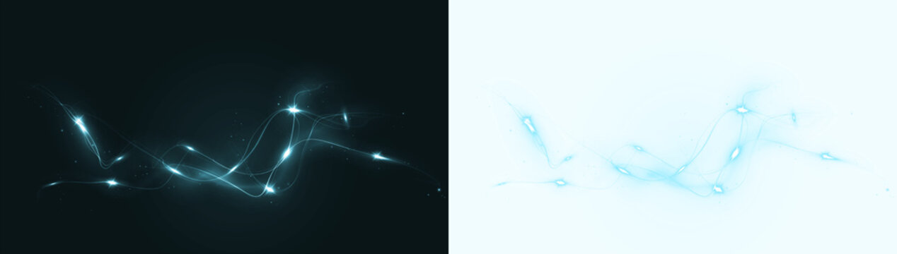 Abstract glowing blue wave overlay on dark and light backgrounds, featuring luminous particles and flowing lines, ideal for creative design projects and digital art applications