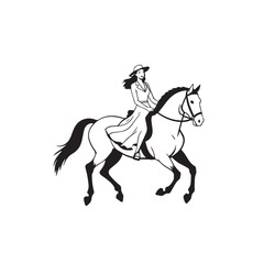 Obraz premium Black and white line art of a beautiful woman with perfect body riding horse elegant minimalist illustration
