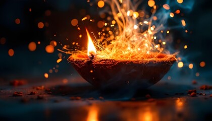 An artistic representation of a traditional clay diya transforming into a modern LED bulb, with abstract light patterns and vibrant colors, symbolizing the evolution from tradition to technology