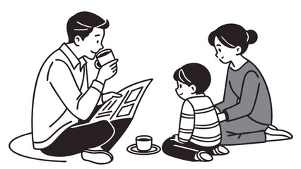 The family is relaxing, the father is reading the newspaper