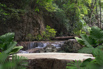 wood stump table top podium with outdoor waterfall tropical forest nature background landscape.Natural water mineral product present placement pedestal wooden stand display.jungle paradise concept.