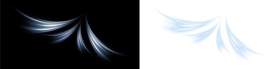 Abstract light trails in soft blue and white hues create a dynamic overlay effect on contrasting black and white backgrounds, enhancing visual depth and artistic expression