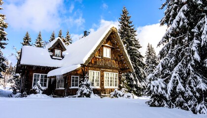 Snowy cabin nestled in a wintry forest