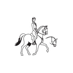 Black and white line art of a beautiful woman with perfect body riding horse elegant minimalist illustration