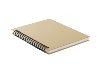 A simple beige spiral bound notebook with a black metal binding isolated on transparent background