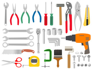 A comprehensive collection of hand tools and power tools, including wrenches, pliers, screwdrivers, a drill, and measuring tools.