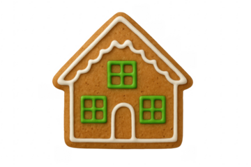 Gingerbread house cookie with white icing and green windows