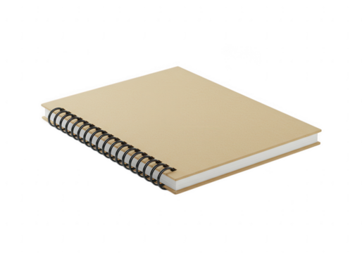 A simple beige spiral bound notebook with a black metal binding isolated on transparent background