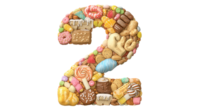 Vibrant numeral two formed from assorted candies, cookies and confections on a transparent background  colorful dessert collage for celebrations, birthdays and sweet themed designs