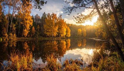 Autumn leaves reflect on water
