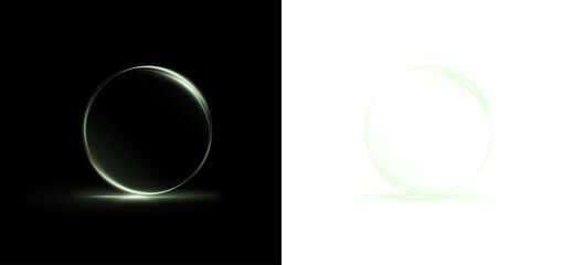 Abstract glowing circular overlay on contrasting backgrounds, showcasing light reflections and transparency, ideal for creative design projects and digital artwork