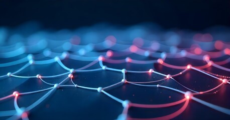 Abstract blue and pink grid with interconnected lines and dots forming a network, creating a futuristic and technological landscape against a dark background