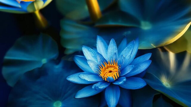 Vibrant Blue Water Lily with Yellow Center on Dark Water and Leaves