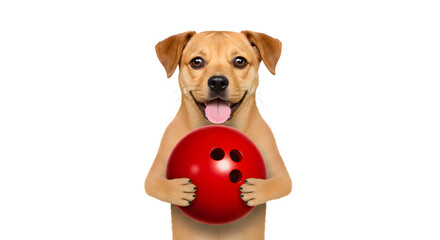 Happy Tan Dog Holding Red Bowling Ball Isolated on White