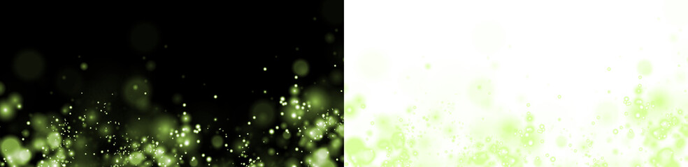 Fototapeta premium Green bokeh overlay with soft glowing lights on a black background, transitioning to a bright white background, creating a dreamy and ethereal atmosphere for design projects