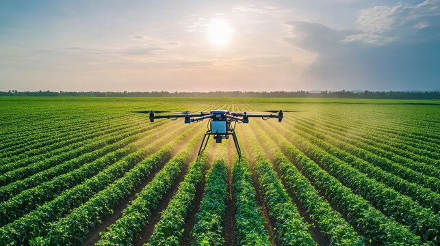Agricultural drone spraying crops in a field at sunset with rows of green plants and bright sunlight - Powered by Adobe