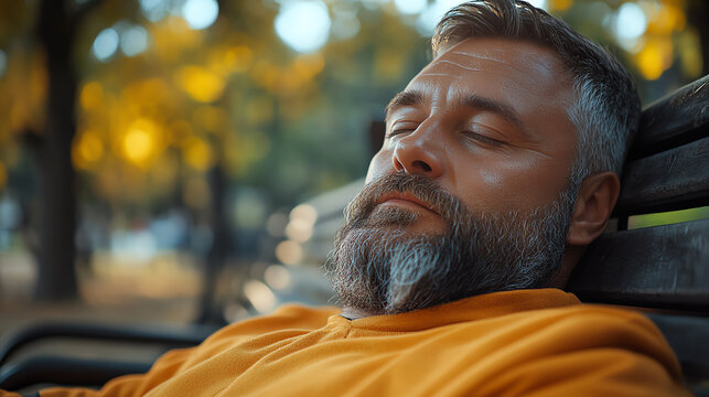 A man relaxes on a park bench, enjoying the tranquility of nature and the warmth of the sun during a peaceful afternoon.