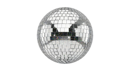Spherical silver disco ball with reflective tiles on transparent background