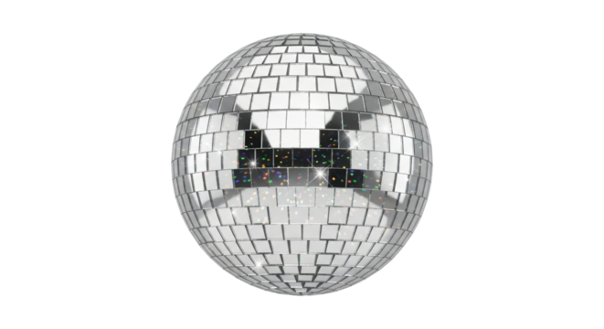 Spherical silver disco ball with reflective tiles on transparent background