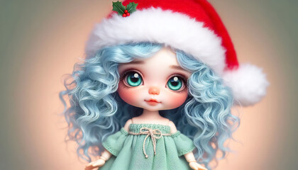 Portrait of a beautiful, cute doll with big eyes, curly hair, and a Santa hat. Time to celebrate Christmas