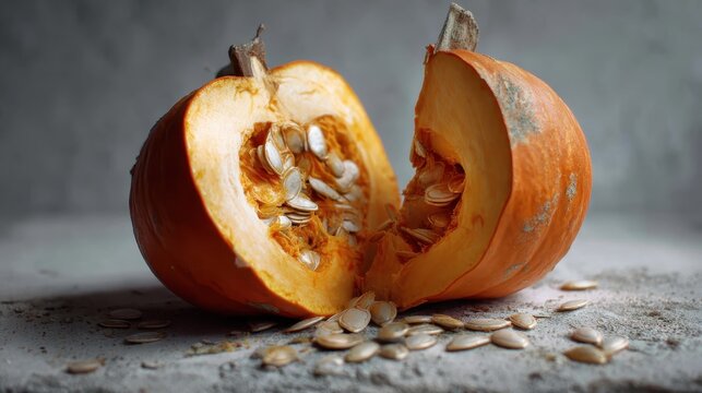 Fresh organic pumpkin cut in half revealing vibrant orange pulp and scattered seeds, symbolizing autumn harvest, healthy eating, and seasonal cooking ingredients - Powered by Adobe