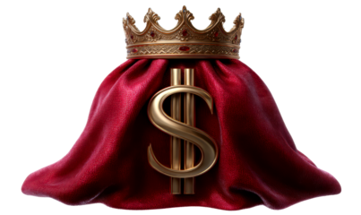 Royal Dollar Symbol with Cape and Crown for Financial Themes Isolate on Transparent Background, cutout, png